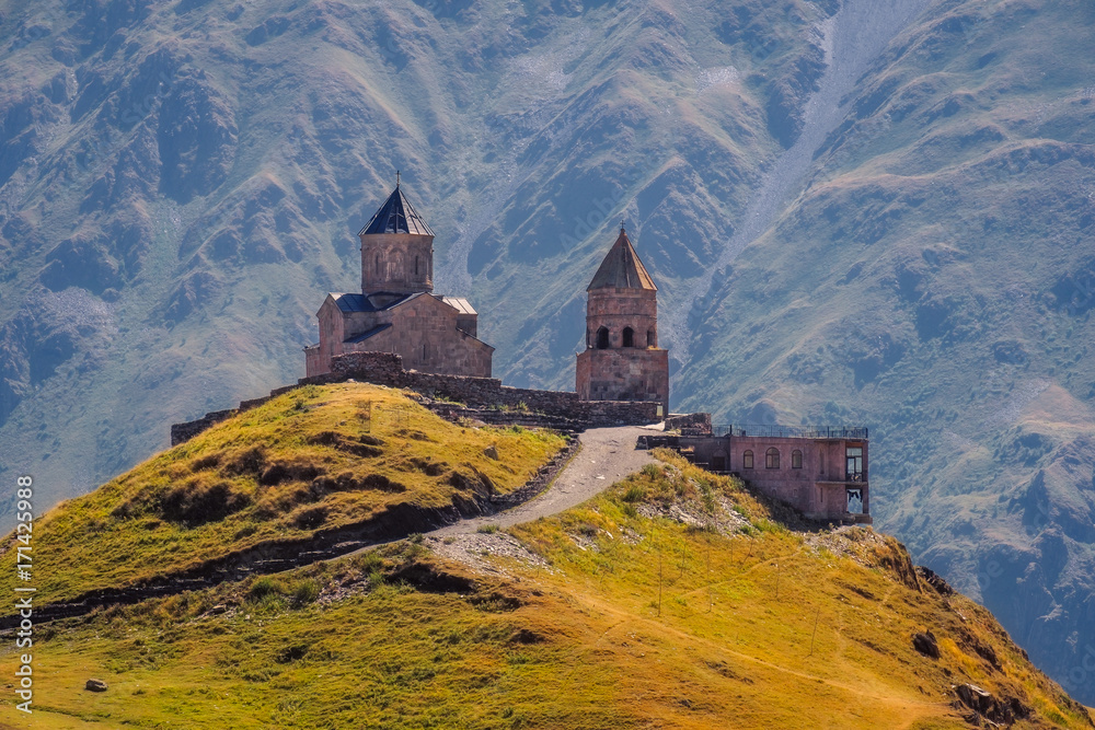 Scenic view of Tsminda Sameba church in Caucasus, Kazbegi, Georgia
