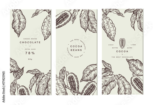 Cocoa bean tree banner collection. Design templates. Engraved style illustration. Chocolate cocoa beans. Vector illustration