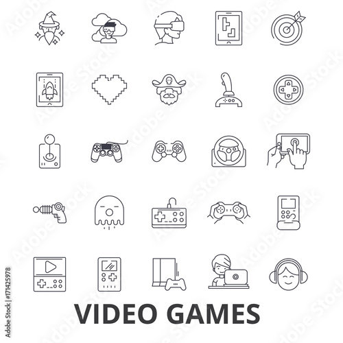 Video computer games, controller, play, screen, arcade, console, joystick line icons. Editable strokes. Flat design vector illustration symbol concept. Linear signs isolated on white background