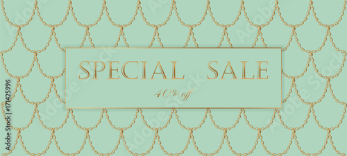 Golden chain sale banner template. Light turquoise gold fish scales. Promotional commercial offer invitation vector illustration