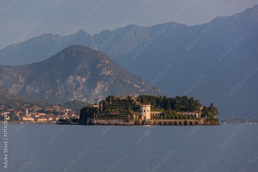 Scenic view of Isola Bella island on the mountains background on Lake Maggiore in the morning, Italy