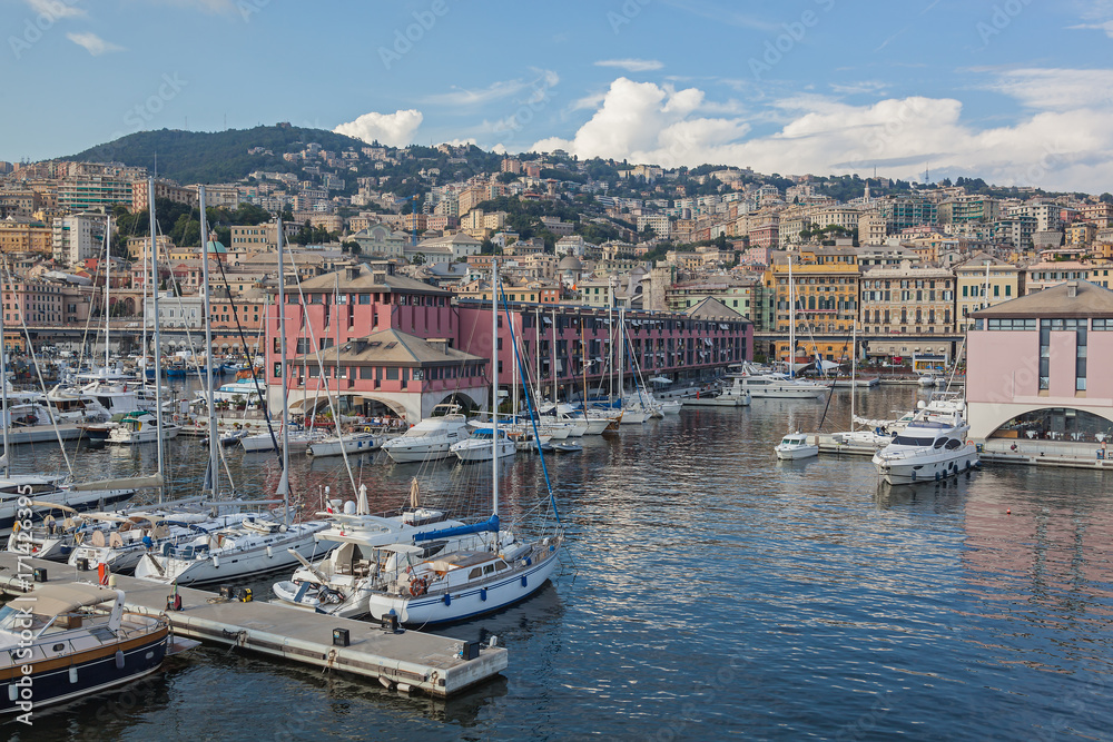 Panoramic colorful view of the port Genoa, Italy