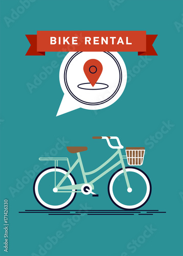 Cool vector poster or banner template on city bike hire rental tours for tourists and city visitors. Travel and tourism concept backgroundpin