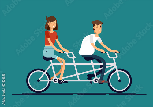 Cool vector flat design happy young man and woman characters couple riding tandem bicycle isolated. Young hipsters couple