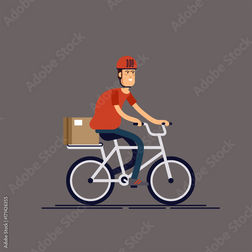 Cool male courier person character riding bicycle with delivery box. Courier bicycle delivery service. Local city multipurpose mail delivery