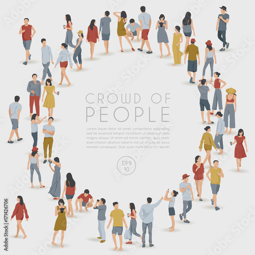 Crowd of People Standing in Circle Shaped Frame on White Background : Vector Illustration