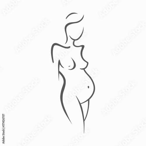 Drawing linear beautiful pregnant girl. Gynecological medicine stock illustration. Silhouettes of women Graphic vector icon