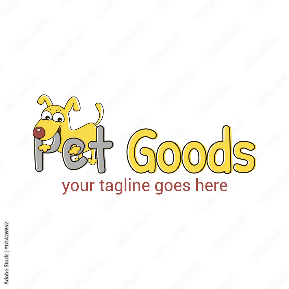 Vector logo template for pet shop, veterinary clinic. Creative idea for animal feed. Illustration of a dog biting the letter of the name of the logotype. EPS10. Vector logo template for pet shop, veterinary clinic. Creative idea for animal feed. Illustration of a dog biting the letter of the name of the logotype. EPS10.