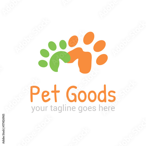 Vector logo template for pet shop,  veterinary clinic. Creative idea for animal feed. Illustration of traces of  pets with silhouette of cat's head. EPS10.