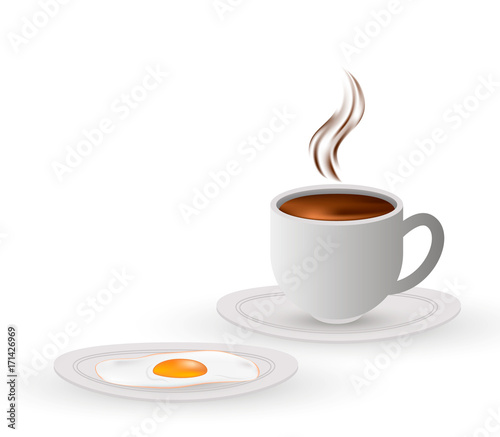 Breakfast with a white cup of coffee and an omelette on a plate. Vector.