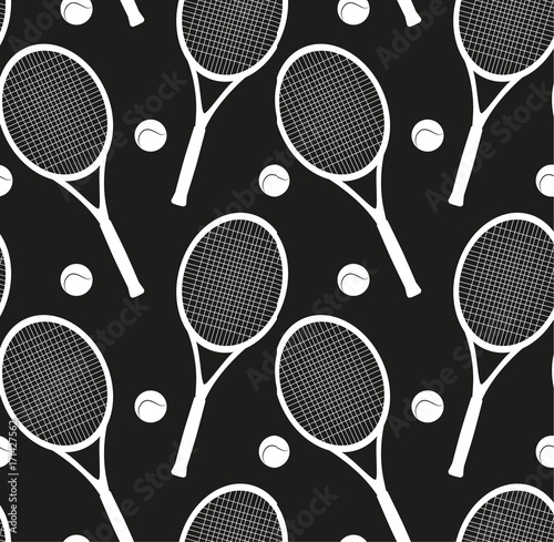 Seamless texture with silhouettes of rackets and a ball for tennis.