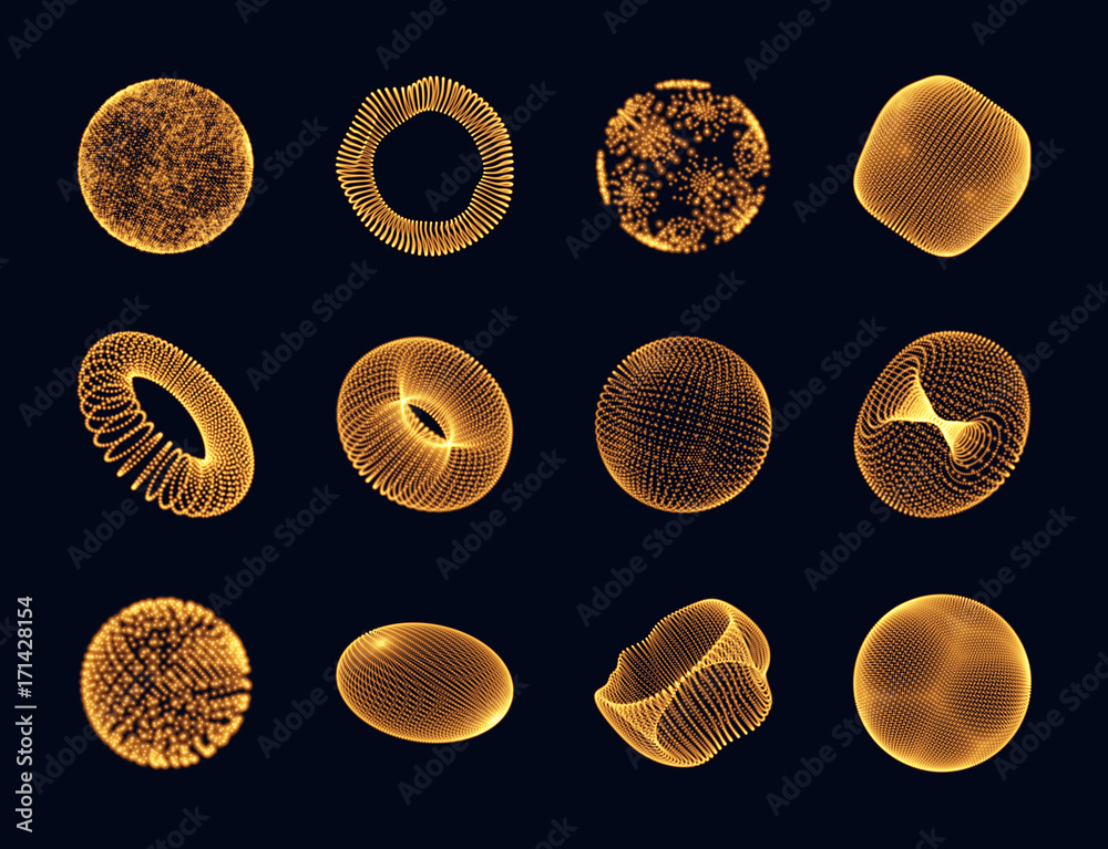 Fototapeta premium Geometric shape for design. The torus consisting of points. The sphere consisting of Points. Molecular grid. 3D technology style. Vector illustration.