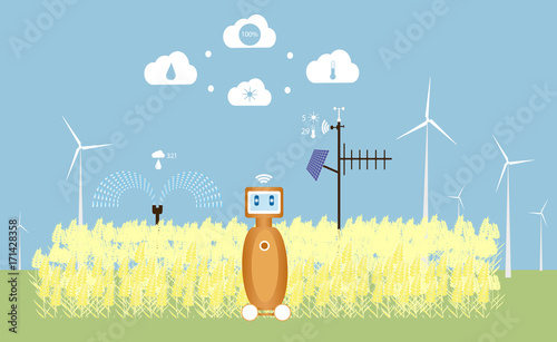 Internet of things in agriculture. Smart farm with wireless control and robot. Vector illustration.