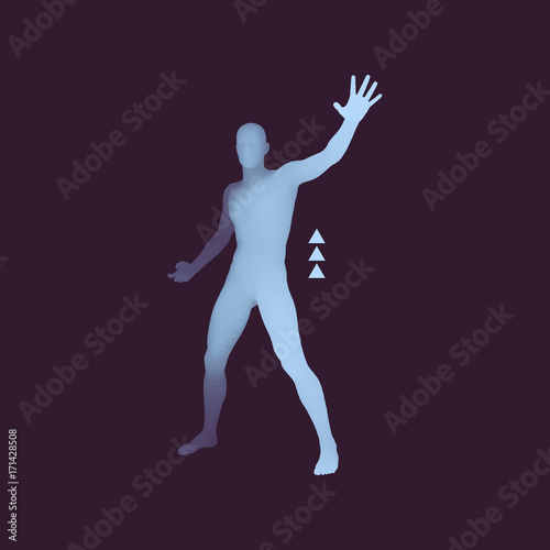 Vector man with hand up to stop. Human showing stop gesture. 3D model of man. 3D vector illustration.