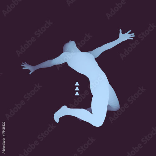 The dancer performs a dance on his knees. Silhouette of a Dancer. 3D Model of Man. Human Body. Sport Symbol. Design Element. Vector Illustration.