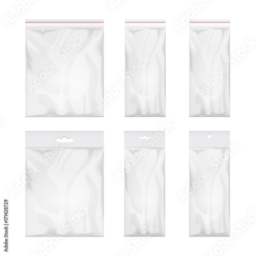 Blank transparent plastic bag template. Set of White packaging with hang slot. Mockup Vector illustration