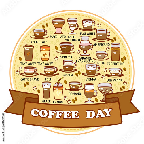  Coffee day card. Set of cute various beverage icons.
