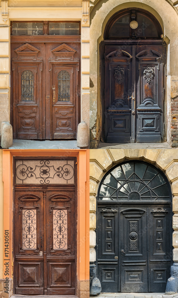 Set of 4 old doors and from Lvov, Ukraine. Examples of world architectural heritage.