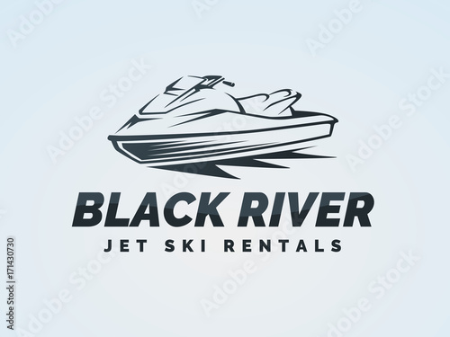 Jet ski logo on blue background. Water scooter vector illustration.