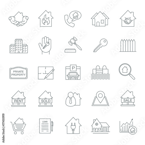 Real estate market linear icons set