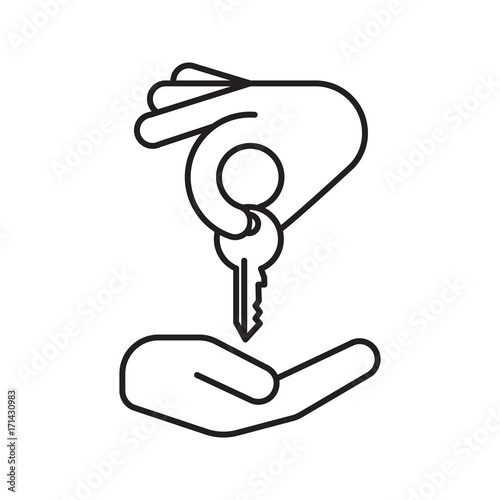 Hand giving key to another hand linear icon