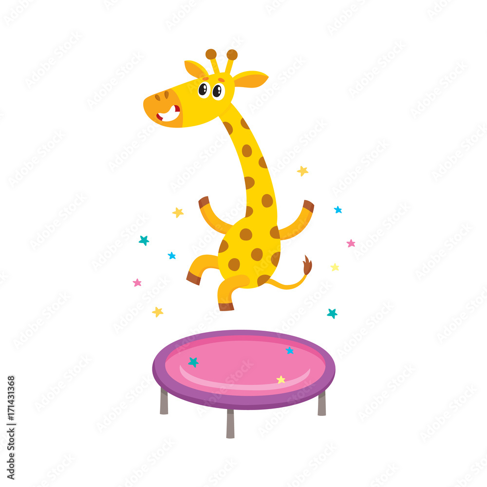 Naklejka premium vector flat cartoon cheerful giraffe character jumping on trampoline wearing party hat happily smiling. isolated illustration on a white background. Animals party concept