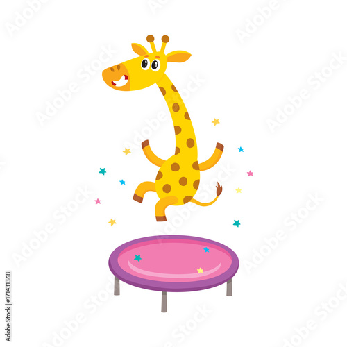 vector flat cartoon cheerful giraffe character jumping on trampoline wearing party hat happily smiling. isolated illustration on a white background. Animals party concept