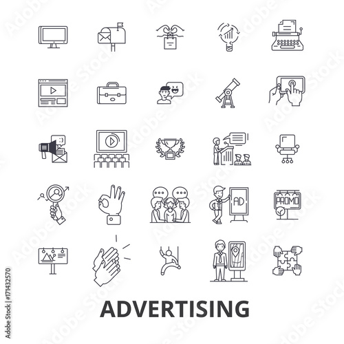 Advertising, marketing, media, social, billboard, news, television, branding line icons. Editable strokes. Flat design vector illustration symbol concept. Linear signs isolated on white background