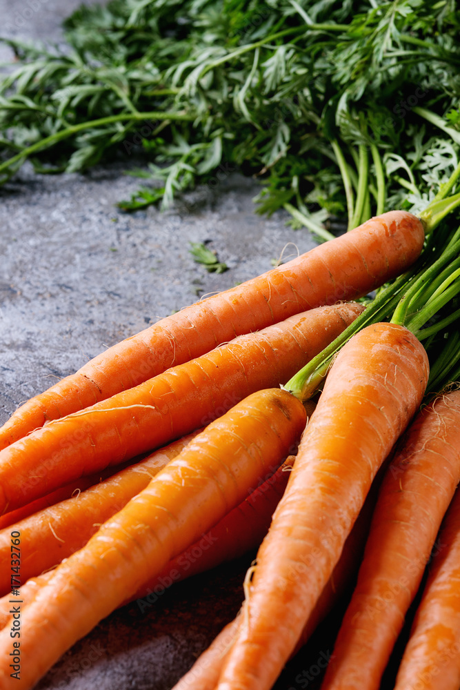 Bundle of fresh organic carrot with haulm over gray texture background. Bundle of fresh organic carrot with haulm over gray texture background.