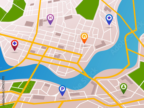 Navigation maps with gps pins icons