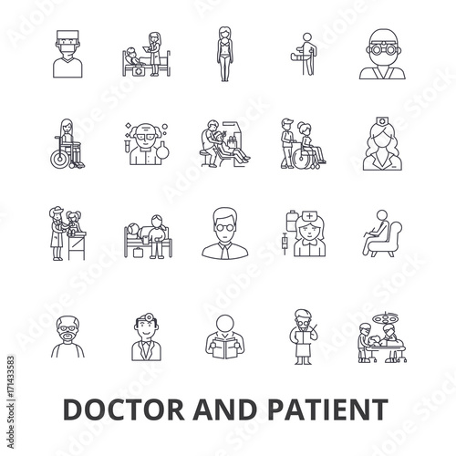 Doctor and patient, cabinet, medical, hospital, consultation, nurse, healthcare line icons. Editable strokes. Flat design vector illustration symbol concept. Linear signs isolated on white background