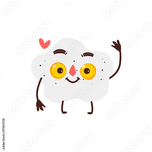 Funny smiling fried sunny side up egg character with two yolks, cartoon vector illustration isolated on white background. Funny fried egg with two yolks, smiling breakfast character