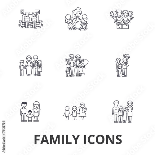 Family, happieness, home, fun, couple, family tree, family portrait, vacation line icons. Editable strokes. Flat design vector illustration symbol concept. Linear signs isolated on white background