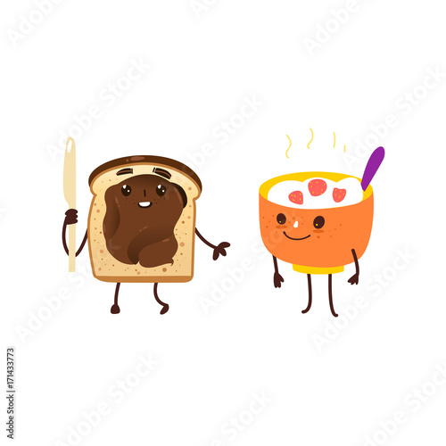 Funny breakfast characters - bowl of oatmeal and toast with chocolate spread, cartoon vector illustration isolated on white background. Funny bowl of oats, rice and toast with chocolate characters