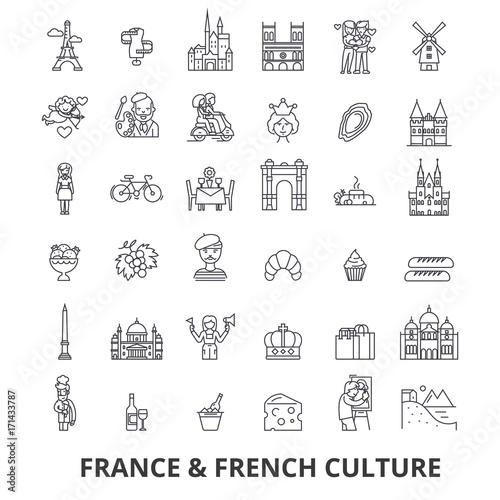 France, eiffel tower, french, france flag, Europe, Paris, parisian, triumphal line icons. Editable strokes. Flat design vector illustration symbol concept. Linear signs isolated on white background