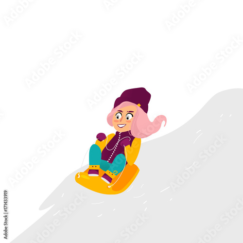 vector girl having fun enjoying sleigh ride. Flat cartoon isolated illustration. Kid sledding, ride a sledge outdoors. Winter children activity concept