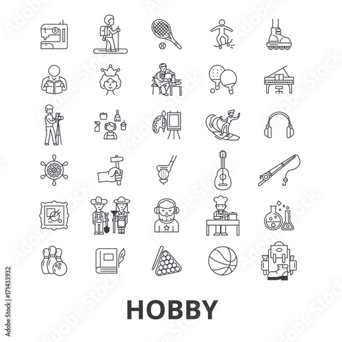 Hobby, passion, interest, sports, fishing, art, knitting, painting, golf, garden line icons. Editable strokes. Flat design vector illustration symbol concept. Linear signs isolated on white background