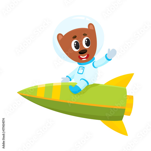 Cute little teddy bear astronaut, spaceman character riding a rocket, cartoon vector illustration isolated on white background. Baby teddy bear astronaut, spaceman in spacesuit riding rocket in space