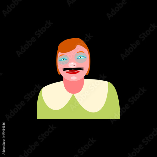 Bust of redhead girl with glued mustache - simple drawing isolated on black background;