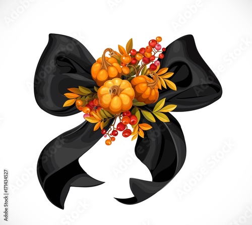 Black flirty bow decorated with small pumpkins and twigs of a viburnum or rowan object isolated on a white background