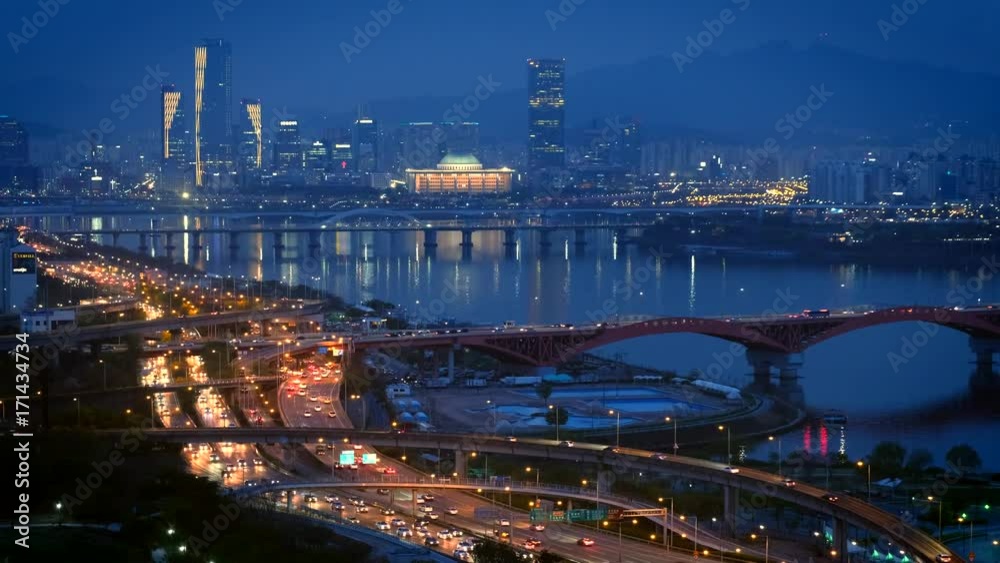 Seoul cityscape in twilight, South Korea.