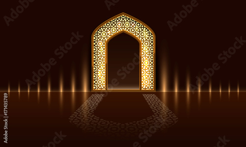 Islamic door of the mosque, cover of Ramadan Kareem. Vector illustration