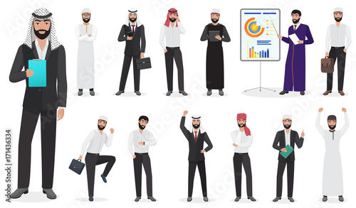 Arab Businessman man Character poses. Muslim male positions in suit and traditional clothes cartoon vector illustration.
