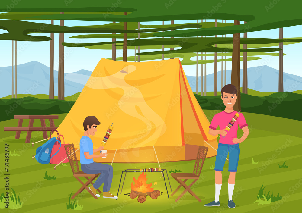 Fototapeta premium Vector illustration of two friends cooking bbq barbeque and sitting near camping tent.