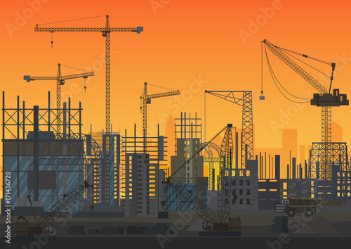 Construction Skyline under construction sunset silhouette. Web Site head of new city exterior. Vector illustration.