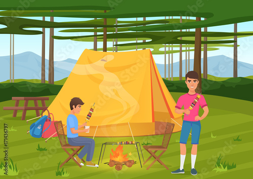 Vector illustration of two friends cooking bbq barbeque and sitting near camping tent. © lembergvector