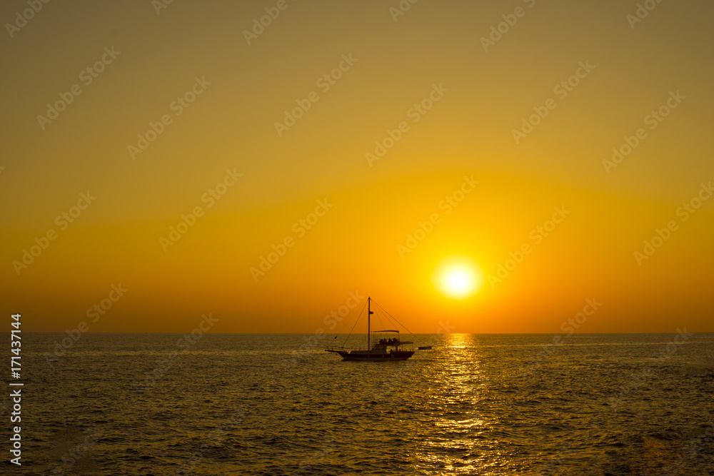 Sailing to the Sunset on Beautiful Mediterranean Sea in Side, Antalya, Turkey. Sailing to the Sunset on Beautiful Mediterranean Sea in Side, Antalya, Turkey.