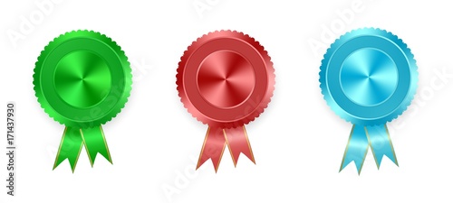 Set of vector labels green, red and blue with colored ribbons with gold ribbon on white background. Collection of world medals for winning products. Red medal, green medal, blue medal 