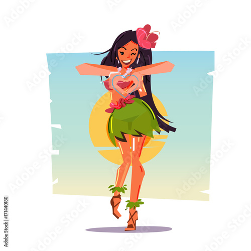 Hawaiian girl with heart hand sign. tropical style, love summer concept  - vector