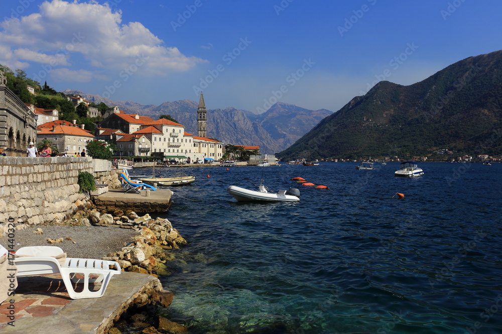 Fototapeta premium Beautiful mediterranean landscape - town Perast, Kotor bay (Boka Kotorska), Montenegro